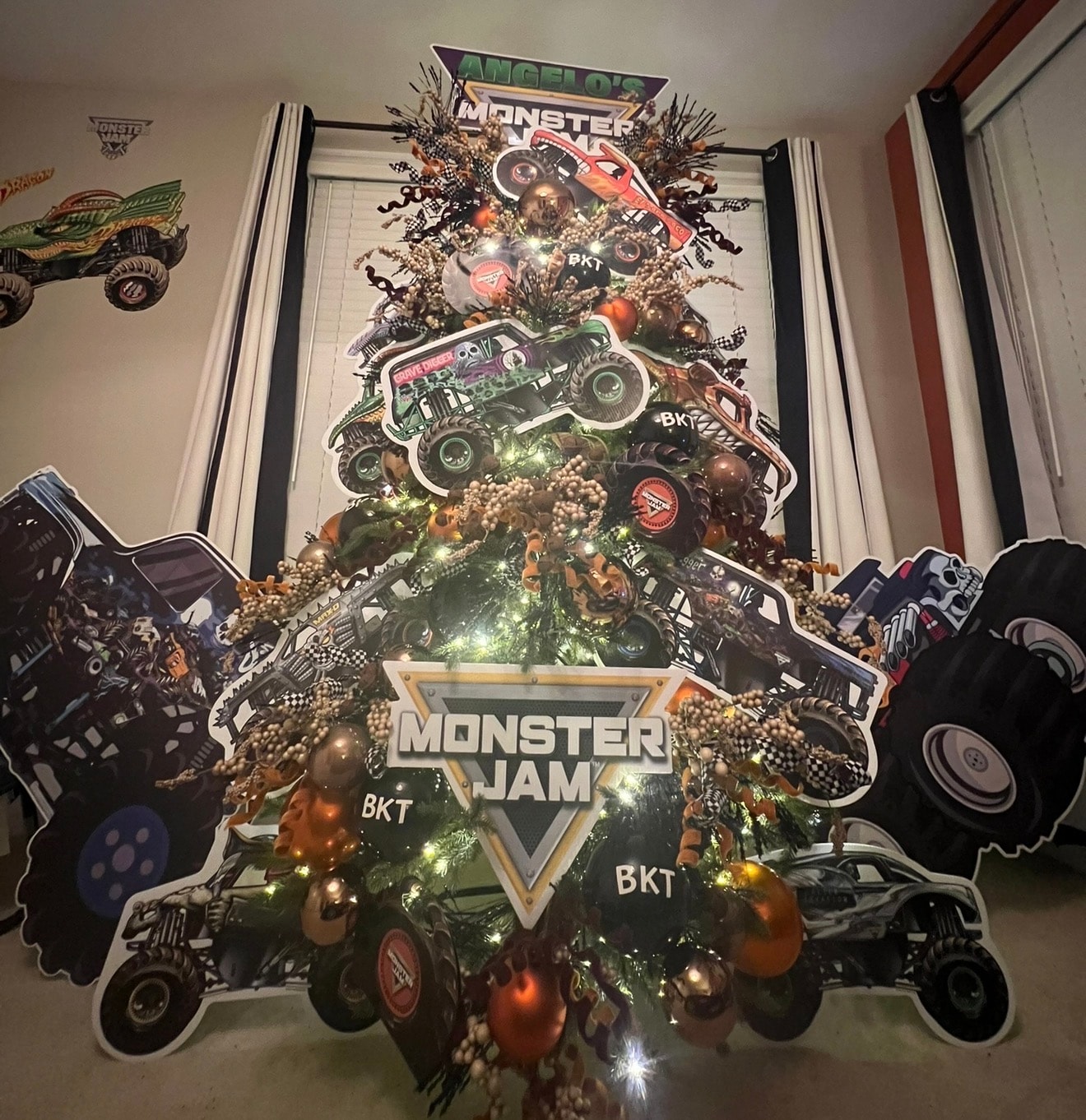 Monster Jam themed Christmas tree — second angle