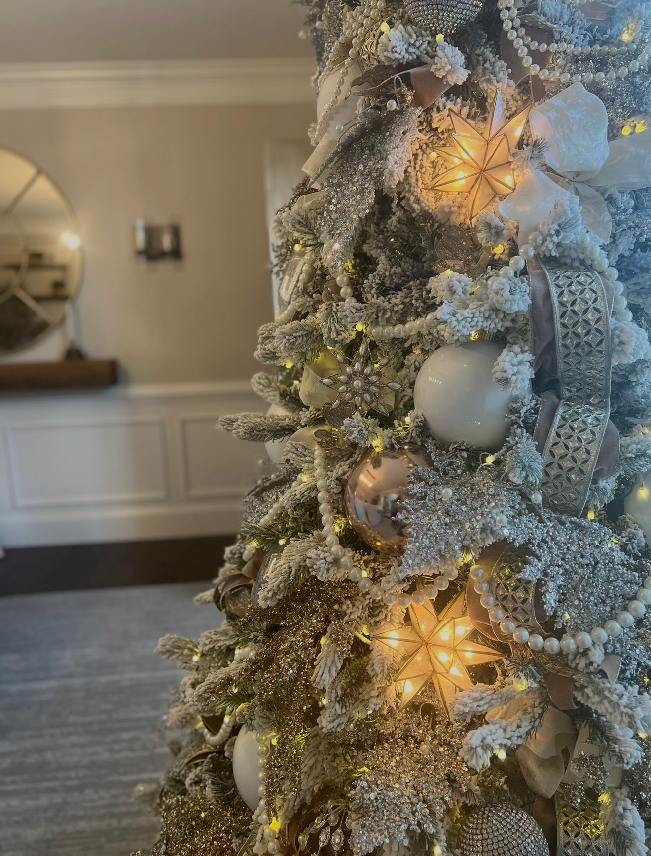 Crystal chandelier upside-down Christmas tree — full view