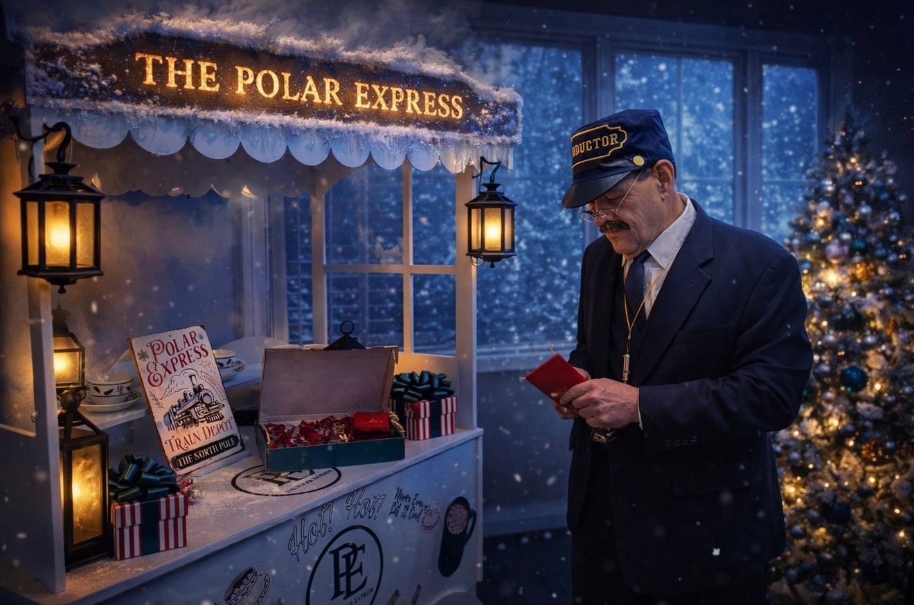 Polar Express themed Christmas installation — conductor at the train depot