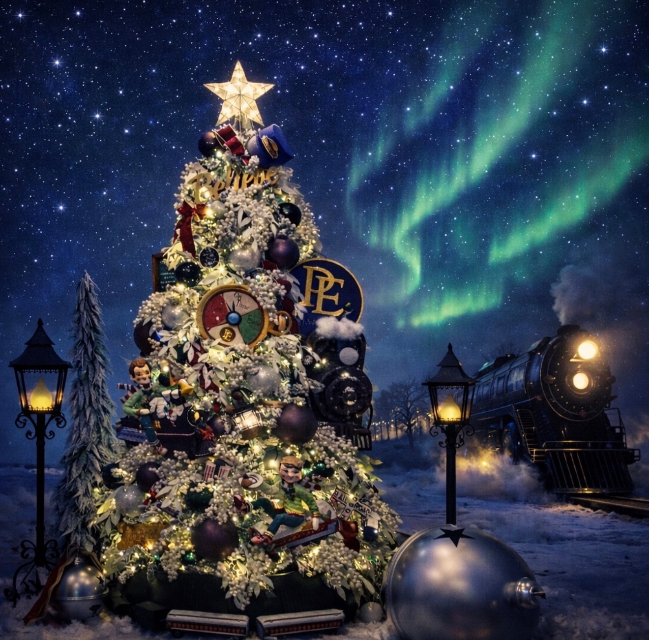 Polar Express themed Christmas tree — PE logo and train detail
