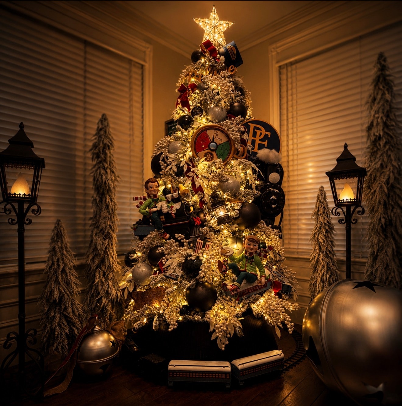 Polar Express themed Christmas tree — Believe sign and conductor hat detail